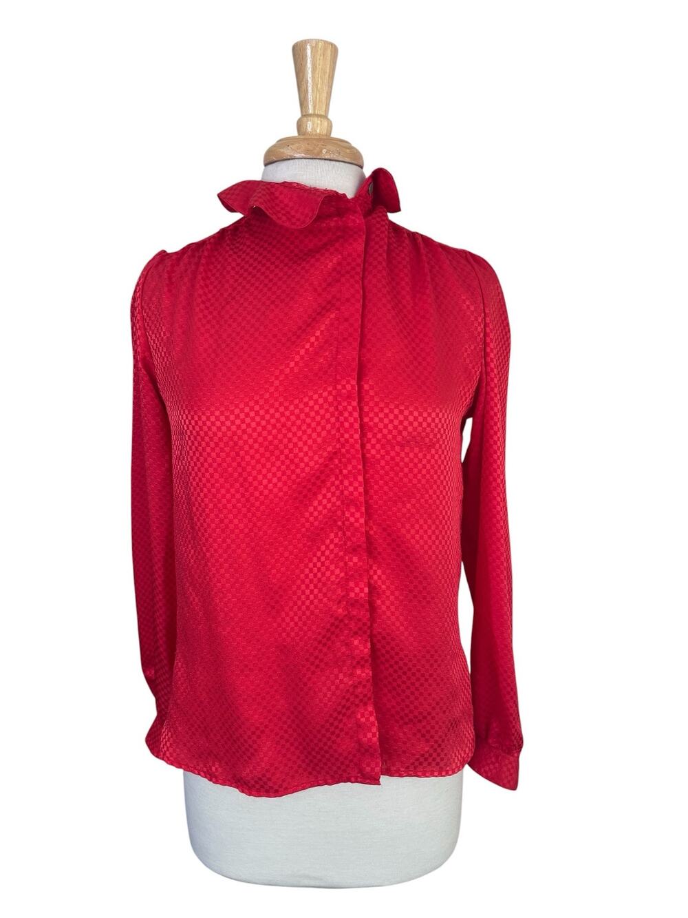 Vintage 80s EVAN PICONE Fire Red Checkerboard Pattern Button Up Blouse Size 4